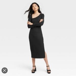 NWT long sleeve ribbed black midi dress asymmetrical neck - a new day - size S